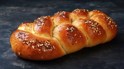 Poster - Golden braided bread loaf topped with sesame seeds on a rustic dark background showcasing traditional baking craftsmanship and fresh ingredients.