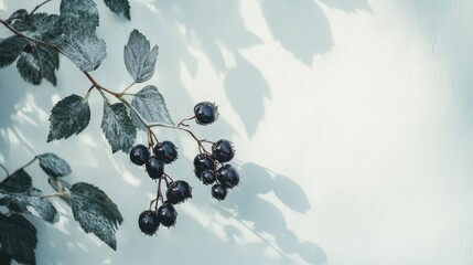 Poster - Blackberries on a vine casting shadows against a soft white background showcasing the fruit's natural beauty and freshness