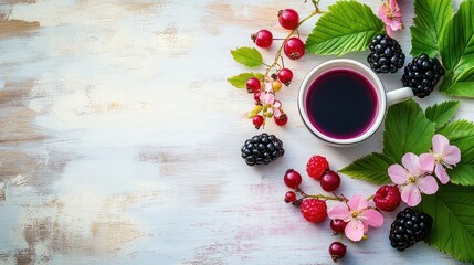 Aufkleber - Assorted berries with a cup of berry drink on green leaves and pink flowers over a light wooden background showcasing fresh summer flavors