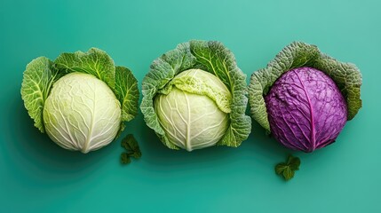 Poster - Assorted fresh cabbages including green savoy purple varieties on vibrant background displaying healthy organic produce for culinary use