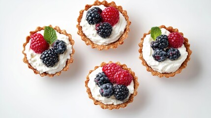 Aufkleber - Healthy tartlets filled with ricotta cheese and topped with fresh berries on a white background perfect for breakfast or snacks.