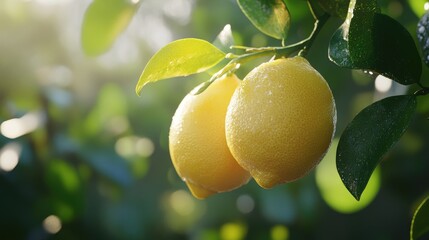 Poster - Fresh organic lemons hanging on tree branch surrounded by vibrant green leaves in sunny outdoor setting with dew drops glistening.