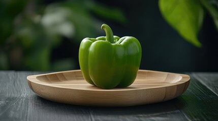 Aufkleber - Fresh green bell pepper on a natural wooden plate against a dark background highlighting healthy eating and organic produce.
