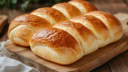 Poster - Golden brown fresh bread loaves displayed on a rustic wooden board with natural background elements