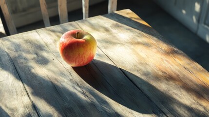 Poster - Freshly picked apple casting a shadow on a sunlit wooden table creating a warm and inviting atmosphere in a rustic setting