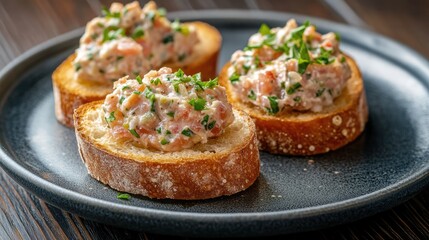 Poster - Bruschetta with savory pate garnished with fresh herbs served on a dark wooden table for a delightful culinary experience