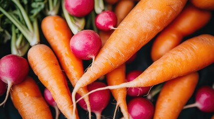 Poster - Fresh organic carrots and radishes displayed at a vibrant market with rich colors and natural textures showcasing farm-to-table produce