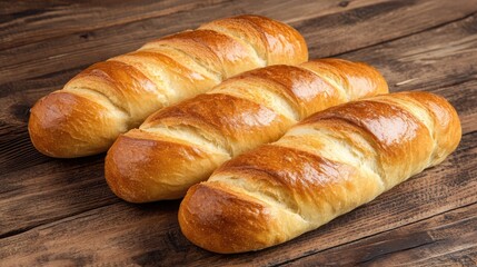 Poster - Freshly baked bread loaves arranged on rustic wooden surface showcasing golden crust and delicious texture