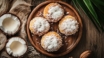 Aufkleber - Coconut topped cake donuts arranged on a wooden platter with fresh coconut slices and greenery for a delightful dessert presentation.