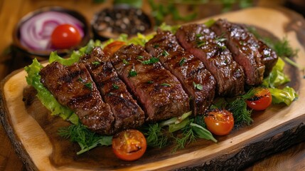 Poster - Grilled beef steak fillet served on wooden platter with green salad and cherry tomatoes garnished with herbs
