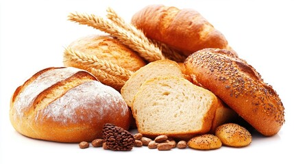 Poster - Assorted freshly baked breads with grains and nuts arranged on a white background showcasing delicious textures and flavors.
