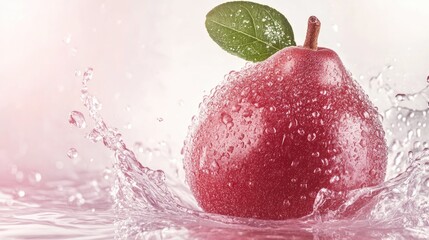 Poster - Fresh and vibrant red guava splashing in water with droplets and green leaf on soft background for healthy lifestyle and fruit concept