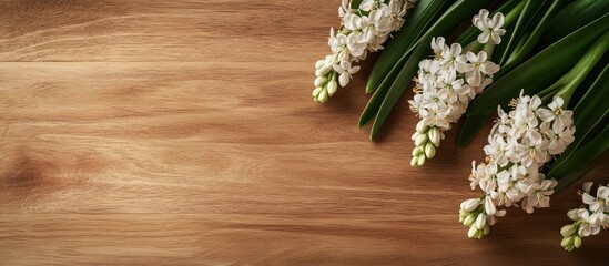 Poster - Fresh hyacinth flowers on wooden surface perfect for greeting cards with open space for personalized messages or designs