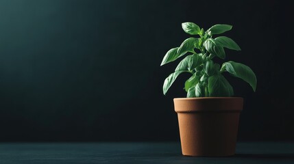 Poster - Basil plant thriving in terracotta pot against dark background showcasing vibrant green foliage and natural beauty of herbs.