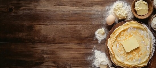Aufkleber - Delicious homemade crepes stacked with butter on a rustic wooden surface with space for text and design elements