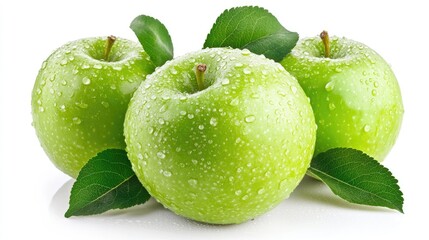 Poster - Freshly washed green apples with dew drops and leaves against a clean white background showcasing vibrant natural beauty.