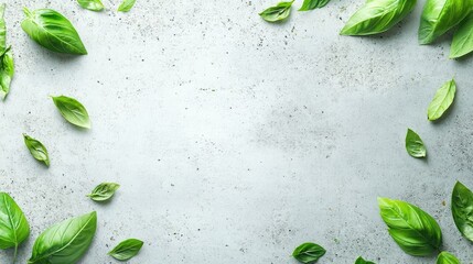 Poster - Vibrant fresh basil leaves arranged elegantly on a textured gray background ideal for culinary or botanical themes