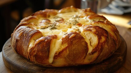 Poster - Artisan cheese bread freshly baked for a hearty breakfast served on a rustic wooden board