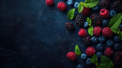 Aufkleber - Fresh raspberries blackberries and blueberries with mint leaves on dark textured background top view gourmet food concept