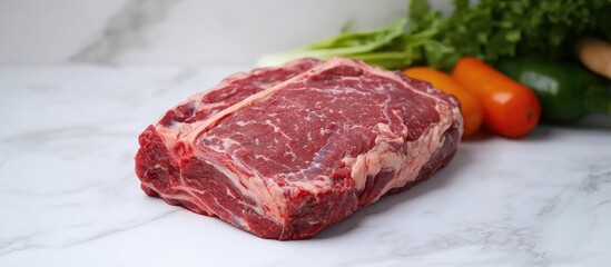 Poster - Premium fresh beef steak with marbling on marble countertop surrounded by fresh vegetables ready for cooking and preparation