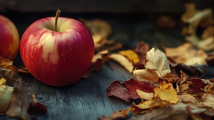 Aufkleber - Fresh red apple contrasting with dried apples and autumn leaves on a rustic wooden background showcasing seasonal changes in nature.