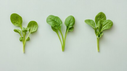 Aufkleber - Fresh baby spinach leaves displayed from a top view showcasing their vibrant green colors and different sizes on a light backdrop.
