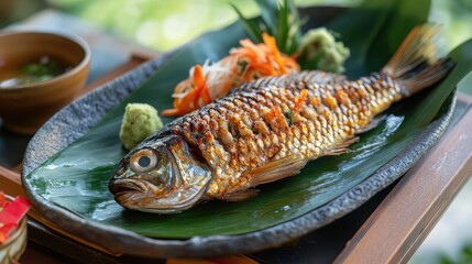 Aufkleber - Grilled baulu fish garnished with fresh vegetables and wasabi served on a decorative leaf platter
