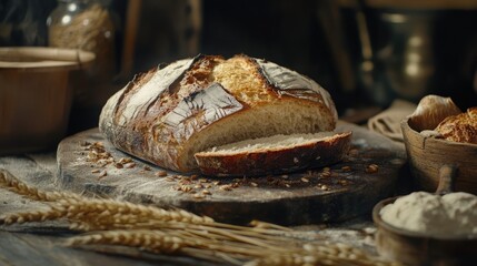 Poster - Artisan bread loaf on rustic wooden table surrounded by wheat ears and natural ingredients, evoking a warm bakery atmosphere