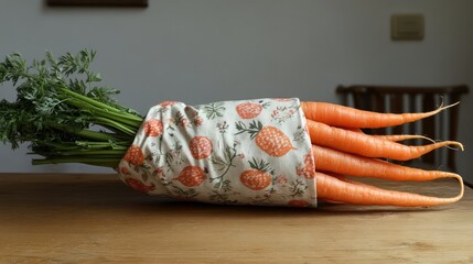 Poster - Fresh organic carrots bundled in a vintage kitchen cloth on a rustic wooden table for a natural and homey farm-to-table concept