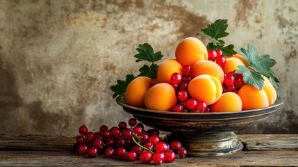 Poster - Fresh apricots and vibrant red currants arranged in a vintage bowl on rustic wooden background with lush green leaves