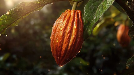 Poster - Ripe cacao pod hanging on tree branch with sunlight and water droplets in tropical setting showcasing vibrant color and natural environment