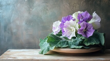 Poster - Kohlrabi with vibrant leaves and decorative purple flowers arranged on a rustic wooden table showcasing fresh produce and natural beauty