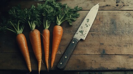 Poster - Freshly harvested carrots with green tops and a rustic knife on a weathered wooden table showcasing a vintage kitchen atmosphere
