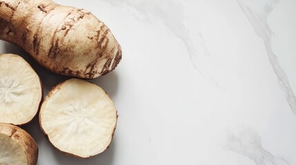 Poster - Freshly sliced cassava root on a light marble background showcasing its fresh texture and natural patterns with half displayed prominently.
