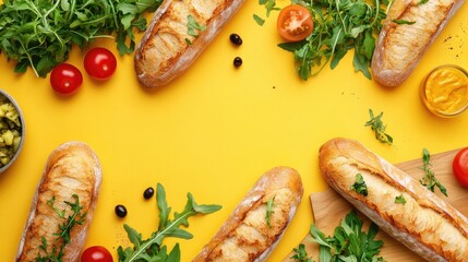 Poster - Artisan baguettes with fresh greens and tomatoes on a vibrant yellow background top view food composition