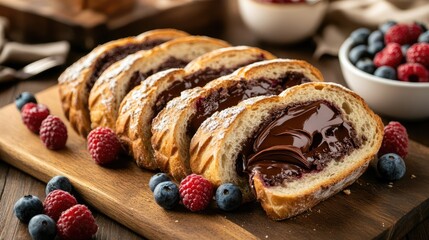 Poster - Freshly sliced bread with chocolate spread and assorted berries on a wooden table for an inviting breakfast scene