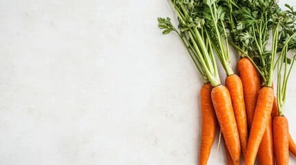 Aufkleber - Vibrant fresh carrots with green tops arranged on a light background showcasing their organic appeal and natural freshness.