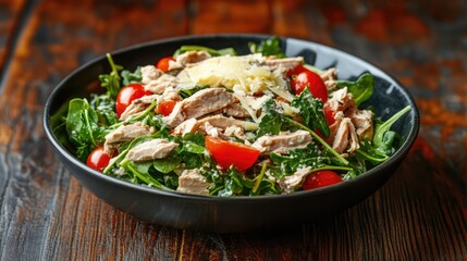 Poster - Healthy Caesar tuna salad with fresh ingredients like spinach, cherry tomatoes, and parmesan served in a rustic bowl on wooden background