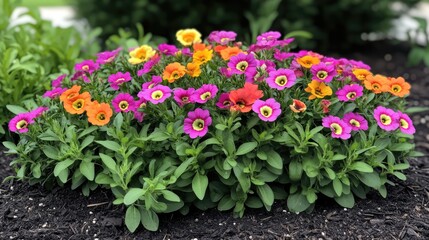 Poster - Vibrant Colorful Blooming Flowers in Lush Green Lawn for Home Gardening and Outdoor Decoration