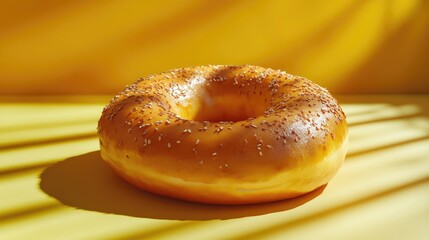 Poster - Golden Sesame Bagel on Yellow Background with Natural Shadows and Light