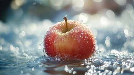 Poster - Juicy red apple glistening with water droplets against a blurred sparkling background in a refreshing natural setting
