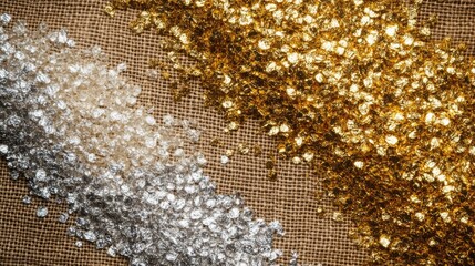 Poster - Gold and silver gemstones arranged on burlap background flat lay for artistic or jewelry design concepts