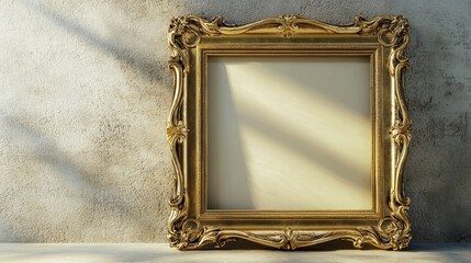 Poster - Elegant gold picture frame against a textured wall casting soft shadows in a minimalist setting ideal for artistic displays or presentations.