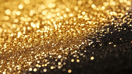 Poster - Gold glitter texture shimmering on a black surface creating an abstract design element for festive and elegant backgrounds or decorations
