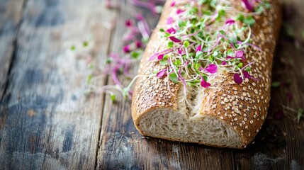 Poster - Wholemeal bread roll topped with alfalfa and radish sprouts on rustic wooden background promoting healthy diet and nutritious food choices