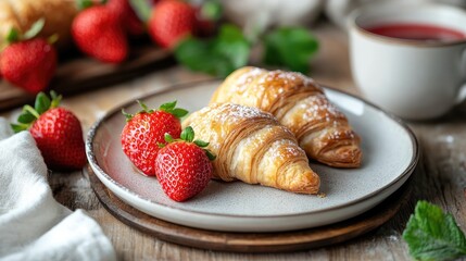 Aufkleber - Freshly baked croissants with strawberries on a rustic plate accompanied by tea on a wooden table setting