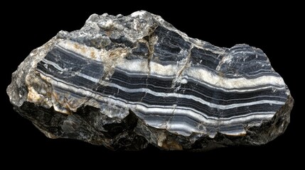 Poster - Gneiss rock sample featuring distinct foliation and banding showcasing unique texture and mineral composition on a black background