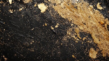 Poster - Elegant gold glitter texture on a deep black background creating a stunning abstract design element for artistic and commercial use