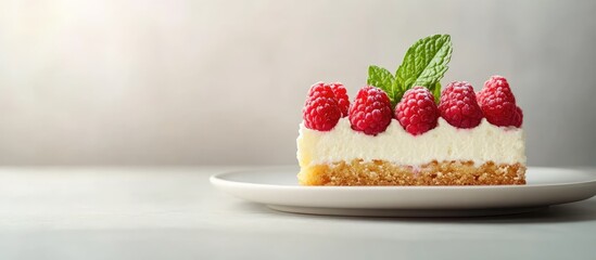 Aufkleber - Sponge cake with raspberry berries and mint leaves on a plate against a light background showcasing a delicious dessert presentation