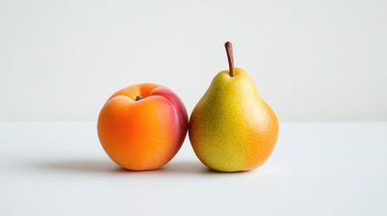 Poster - Fresh apricot and ripe pear arranged together on a bright white background showcasing their vibrant colors and textures.